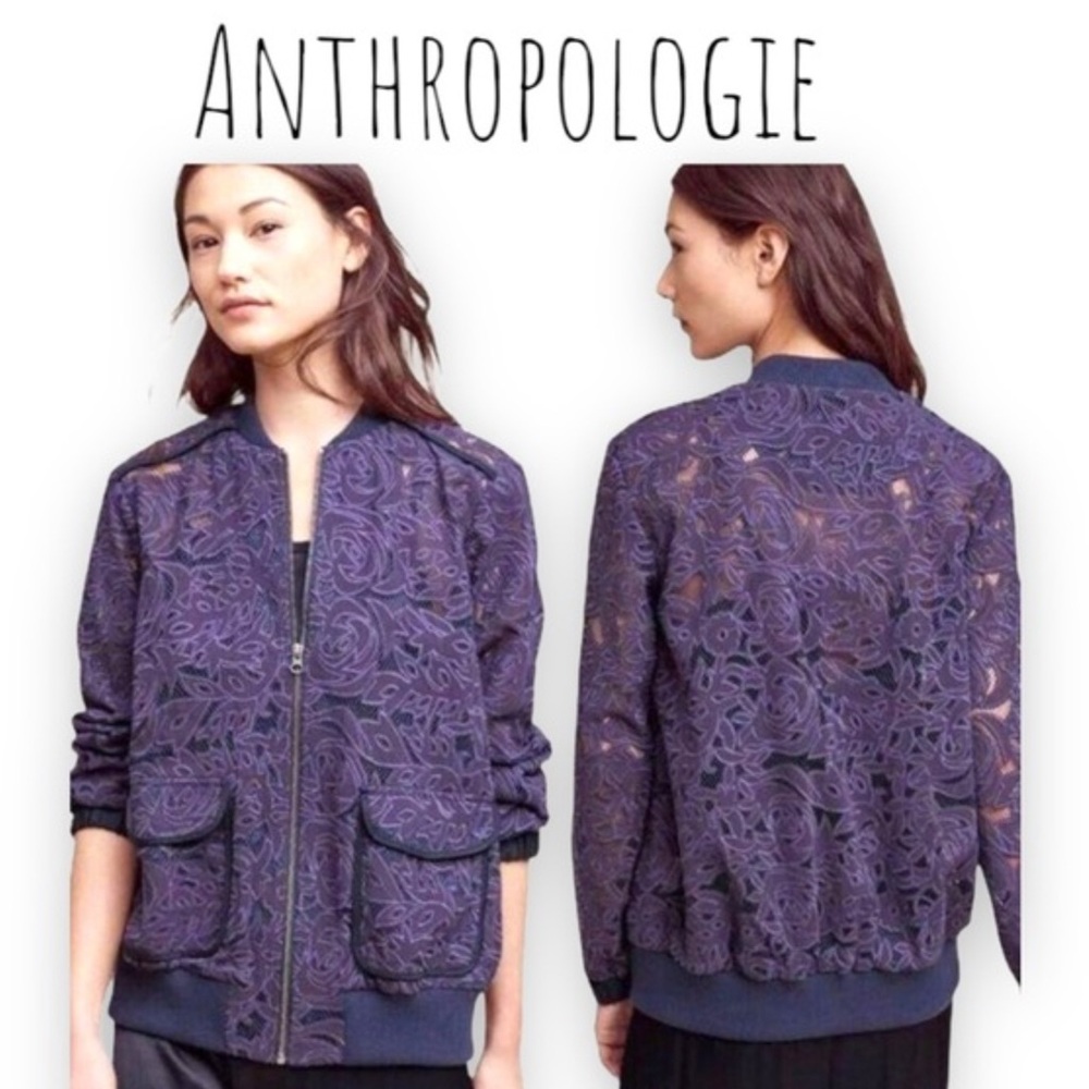 Anthropologie Elevenses Navy Blue Lace Bomber Jacket - Picture 2 of 16